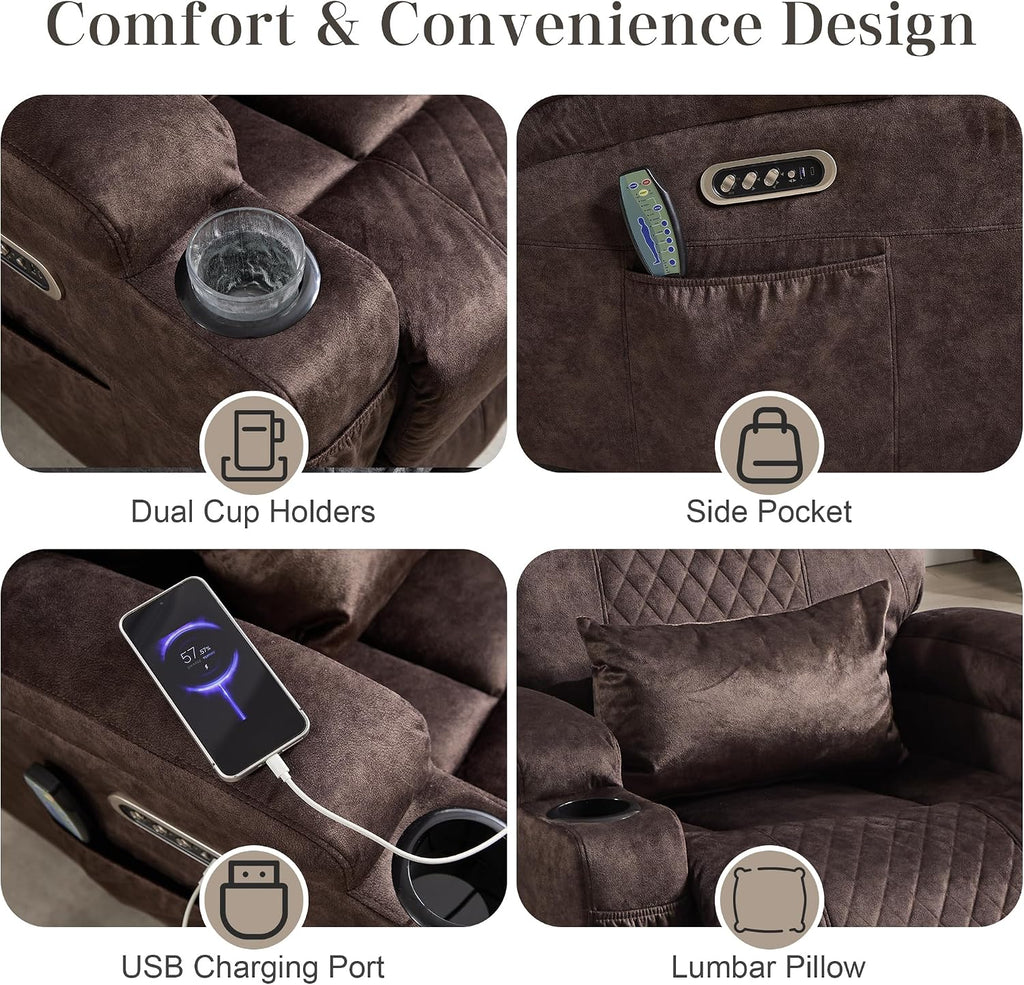 AHMED Dual Motor Power Swivel Rocker Recliner Chair, Velvet Brown | Electric Glider Rocking Chair, Massage & Heat, Cup Holders, LED Lights, USB A/USB C Ports