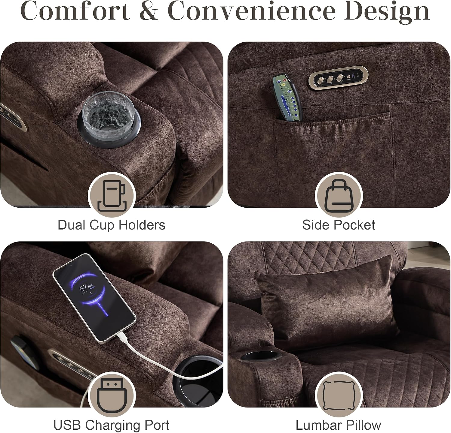 AHMED Dual Motor Power Swivel Rocker Recliner Chair, Velvet Brown | Electric Glider Rocking Chair, Massage & Heat, Cup Holders, LED Lights, USB A/USB C Ports