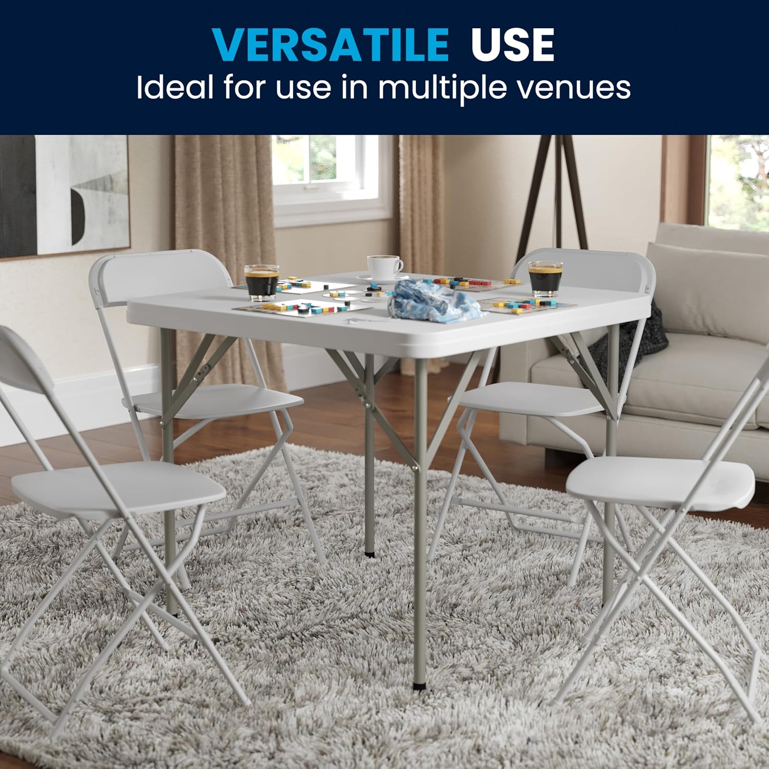 Flash Furniture Elon Square Plastic Folding Table, Portable Dining Card Table for 4 People, Indoor-Outdoor Use, 34.25", Granite White | Lightweight, Easy Storage, Commercial Grade