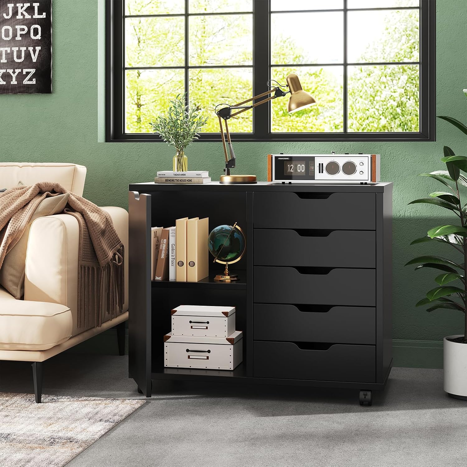 DUMOS 5-Drawer Mobile File Cabinet, Wooden Printer Stand with Storage | Under Desk Cabinets with Adjustable Shelf & Wheels for Home Office Organizer Storage Craft Room, Black