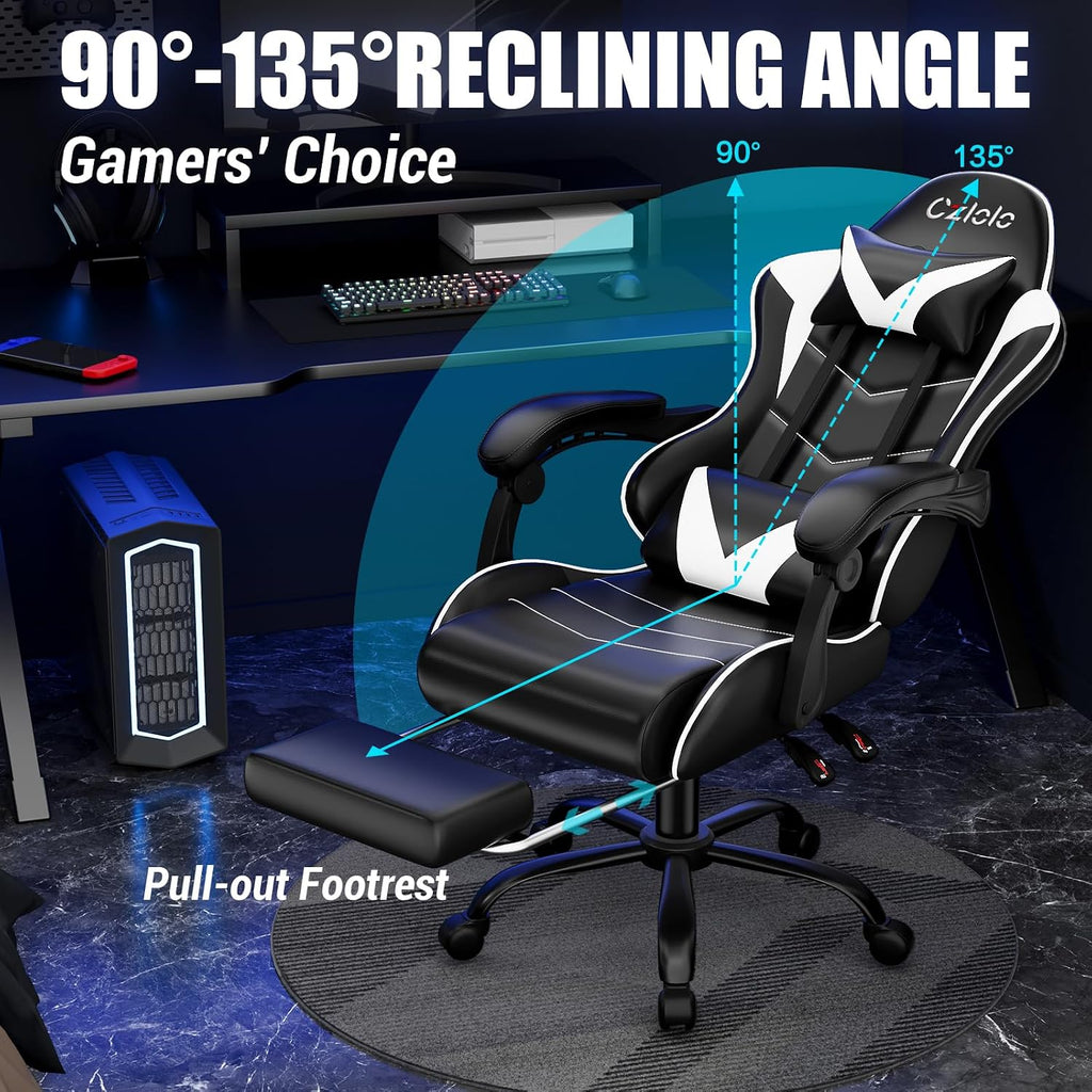 Czlolo Gaming Chair with Footrest Racing Style Lumbar Support Massager Video Game Chair with Metal Legs, High Back Reclining Gamer Chair with Headrest, 360° Swivel Office Computer Desk Chair (White)