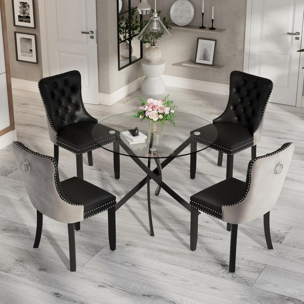 36" Luxury Glass Round Dining Table Set with 4 Velvet& PU Leather Upholstered Dining Chairs, Wooden Legs, Glass Table Top with Black Crossed Metal Legs(Black&Gray)