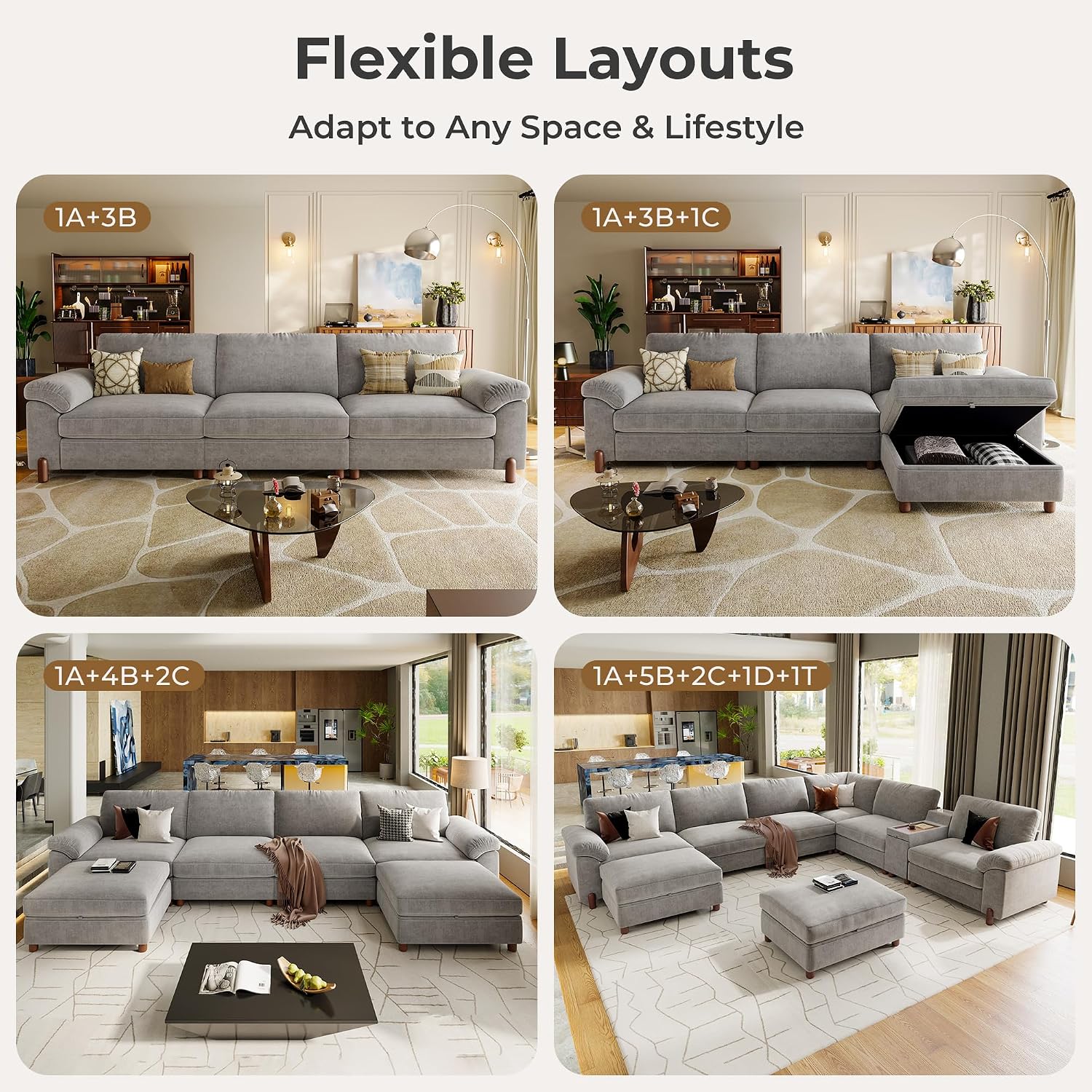 SITJOY Cloud Couch Sectional, 6 Seater V-Shaped, Chenille in Light Gray | Detachable and Washable Cover, Sectional Sofas for Living Room, Deep Seat Wide Couch with Chaise, Storage Ottoman