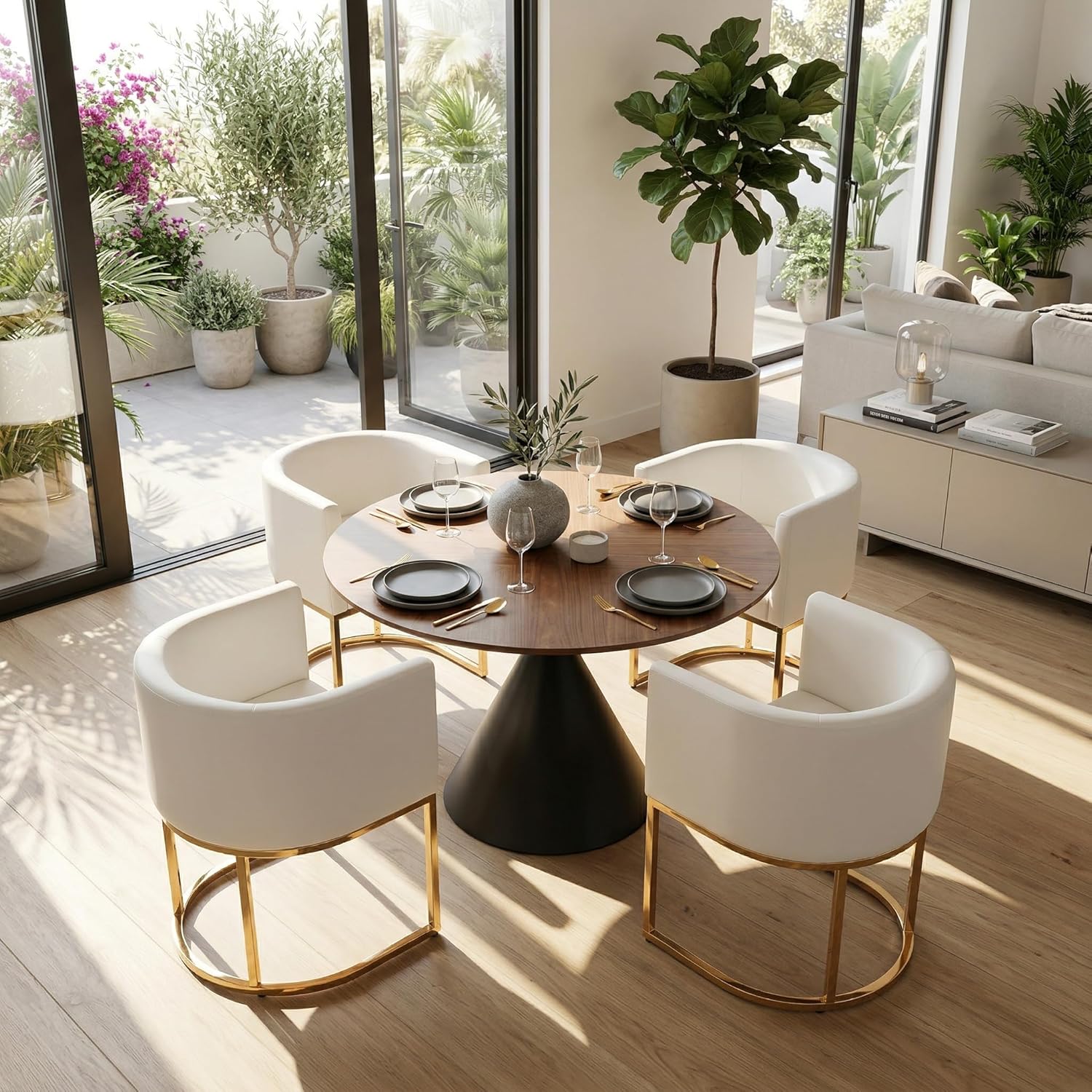 HNY Round Dining Table, 37.5" Modern Coffee Table with Walnut Inlay Tabletop & Matte Black Hourglass Base, Small Accent Table Compact Tables for Living Room, Bedroom, Balcony, Small Space