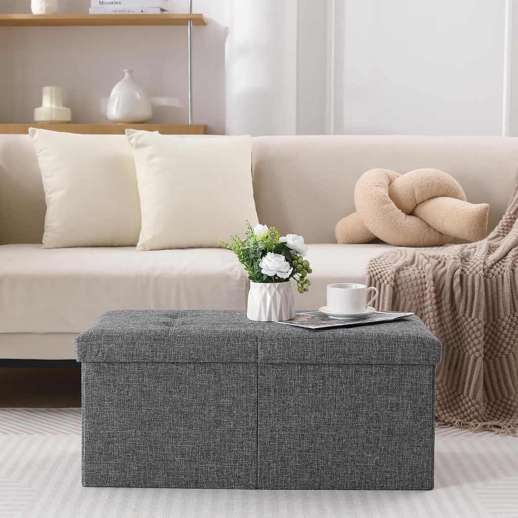 Storage Ottoman Bench Foldable Seat Footrest Shoe Bench End of Bed Storage with Flipping Lid, 75L Storage Space, 30 inches Linen Fabric Dark Grey
