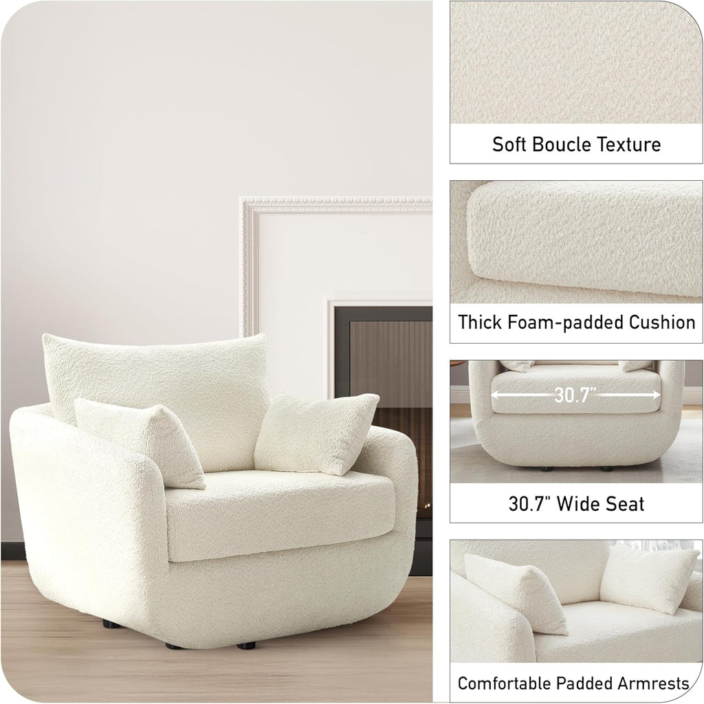 360° Swivel Accent Armchair Set of 2, 39.3" Oversized, Sherpa Boucle Fabric Sofa Chair with Removable Back & Arm Pillows, Swivel Chairs with Cozy Soft Padded, White