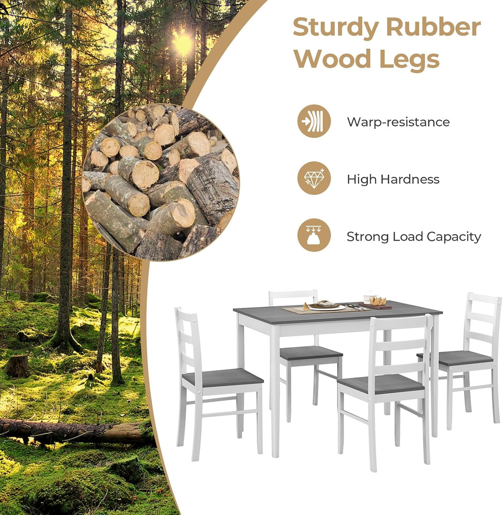 Tangkula Dining Table Set for 4, Farmhouse Solid Wood Dinette Set w/Rubber Wood Legs, Compact Wooden Dining Table and Chairs Set for Kitchen, Dining Room (Grey+White)