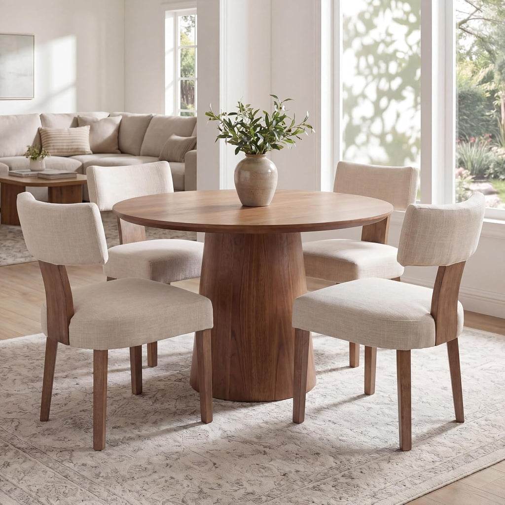 VESCASA Mid Century Modern Dining Chairs Set of 4, Upholstered Linen Dining Room Chairs with Ergonomic Curved Backrest, Solid Wood Legs, Kitchen Accent Chairs for Apartment, Farmhouse & Home, Beige