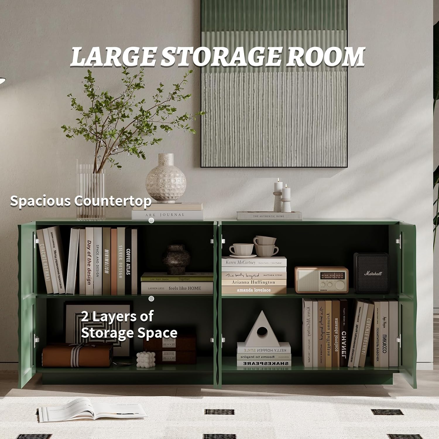 4 Door Modern Sideboard Buffet Cabinet with Spiral Grain, Accent Storage Sideboard Freestanding Anti-Dumping Storage Cabinet Buffet for Kitchen & Living Room (Green)