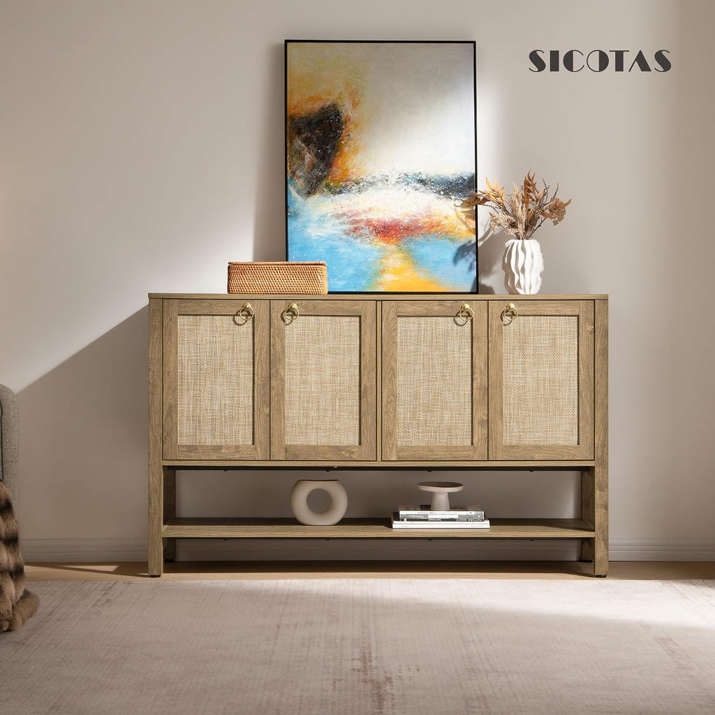 SICOTAS 55" Cherry Sideboard Buffet Cabinet with Rattan Doors, Rustic Farmhouse Coffee Bar Cabinet with Open Shelf, Warm Wood Credenza & Console Table for Kitchen, Dining Room, Entryway