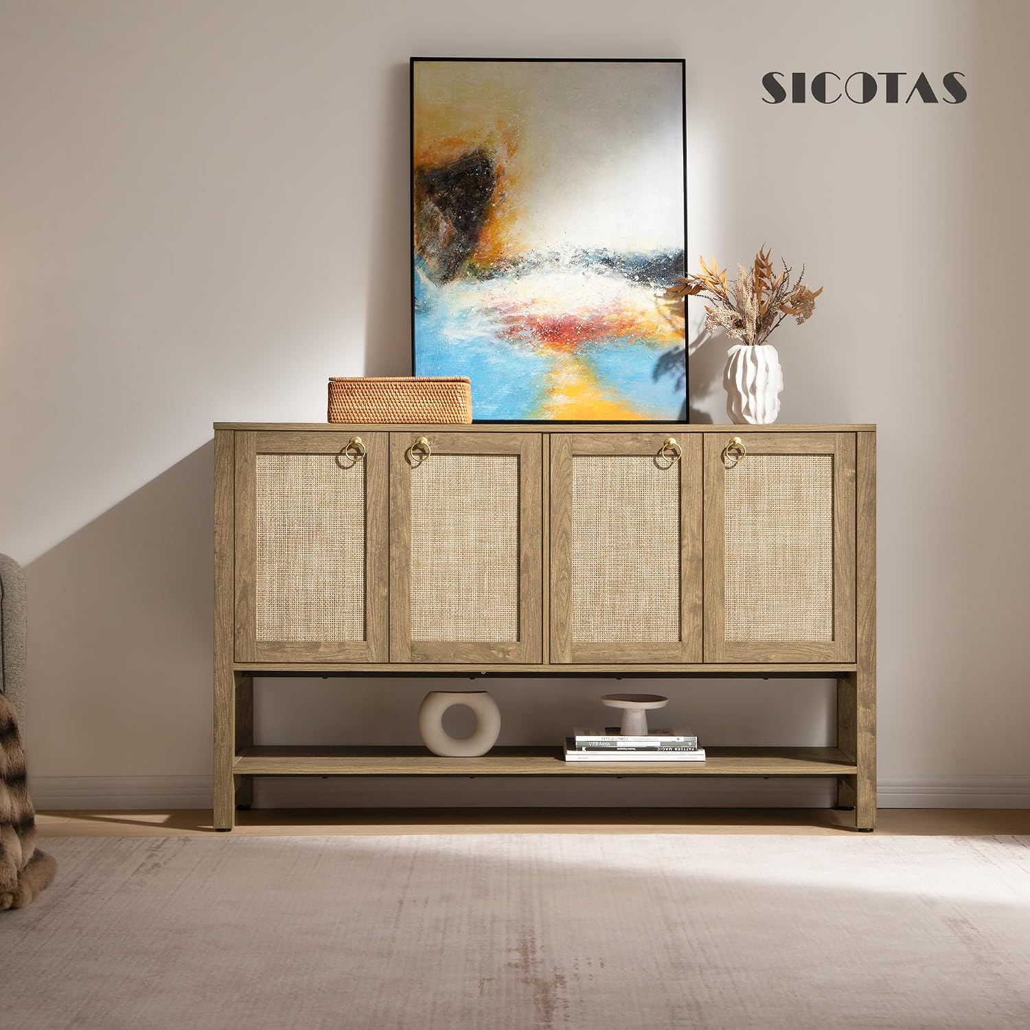 SICOTAS 55" Cherry Sideboard Buffet Cabinet with Rattan Doors, Rustic Farmhouse Coffee Bar Cabinet with Open Shelf, Warm Wood Credenza & Console Table for Kitchen, Dining Room, Entryway