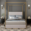 Modern Luxury 4-Poster Canopy Platform Bed King Size with Velvet Upholstered Tall Headboard, Metal Canopied Design Platform Bed Frame with Strong Slats Support (Beige+Gold-King)