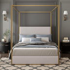 Modern Luxury 4-Poster Canopy Platform Bed King Size with Velvet Upholstered Tall Headboard, Metal Canopied Design Platform Bed Frame with Strong Slats Support (Beige+Gold-King)
