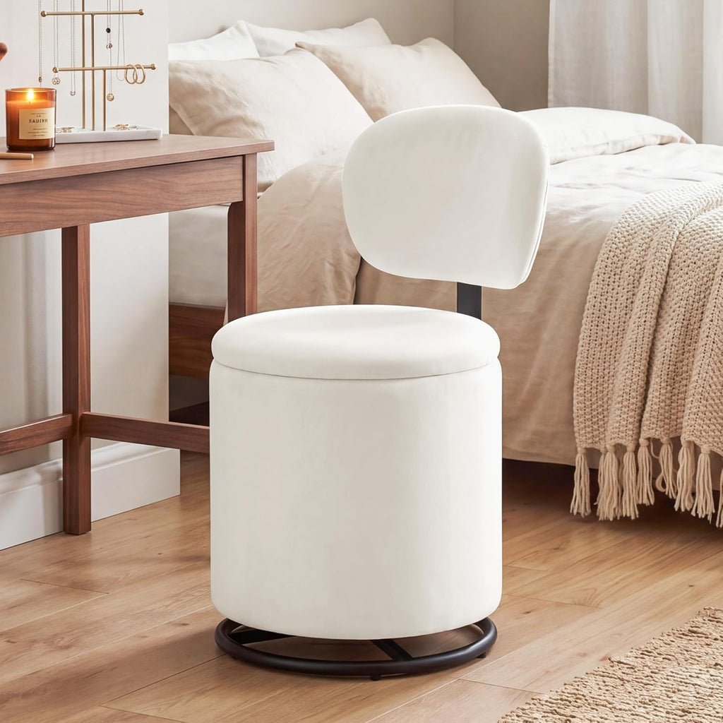 LIVELYGLOW Velvet Vanity Chair with Independent Backrest, 360° Swivel Makeup Stool with Storage, Modern Chair for Bedroom & Living Room, Easy to Assemble, White