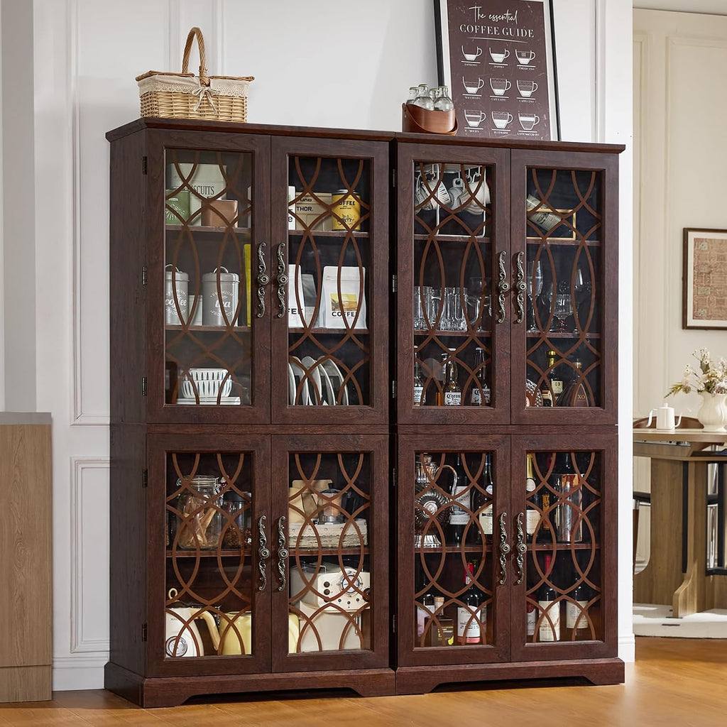 Joaxswe 67" Tall Pantry Cabinet, Wood Kitchen Pantries Cabinets with Glass Doors & Adjustable Shelves, Freestanding Vintage Cupboard with Large Storage for Dining Room, Bathroom, Walnut
