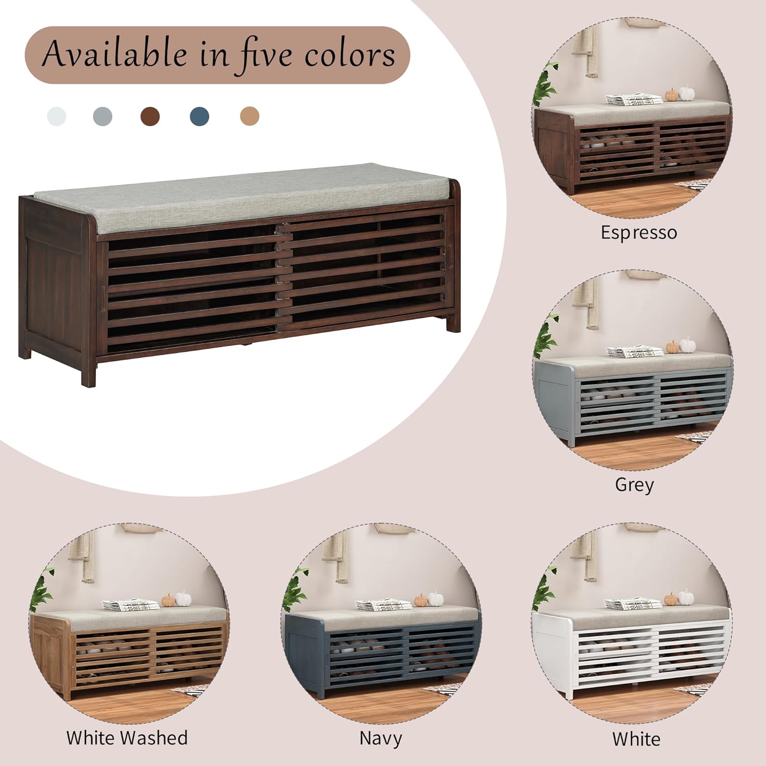 LUMISOL Shoe Bench with Storage and Cushion, Farmhouse Distressed Shutter Storage Bench with Retro Charm for Living Room, Entryway, Espresso