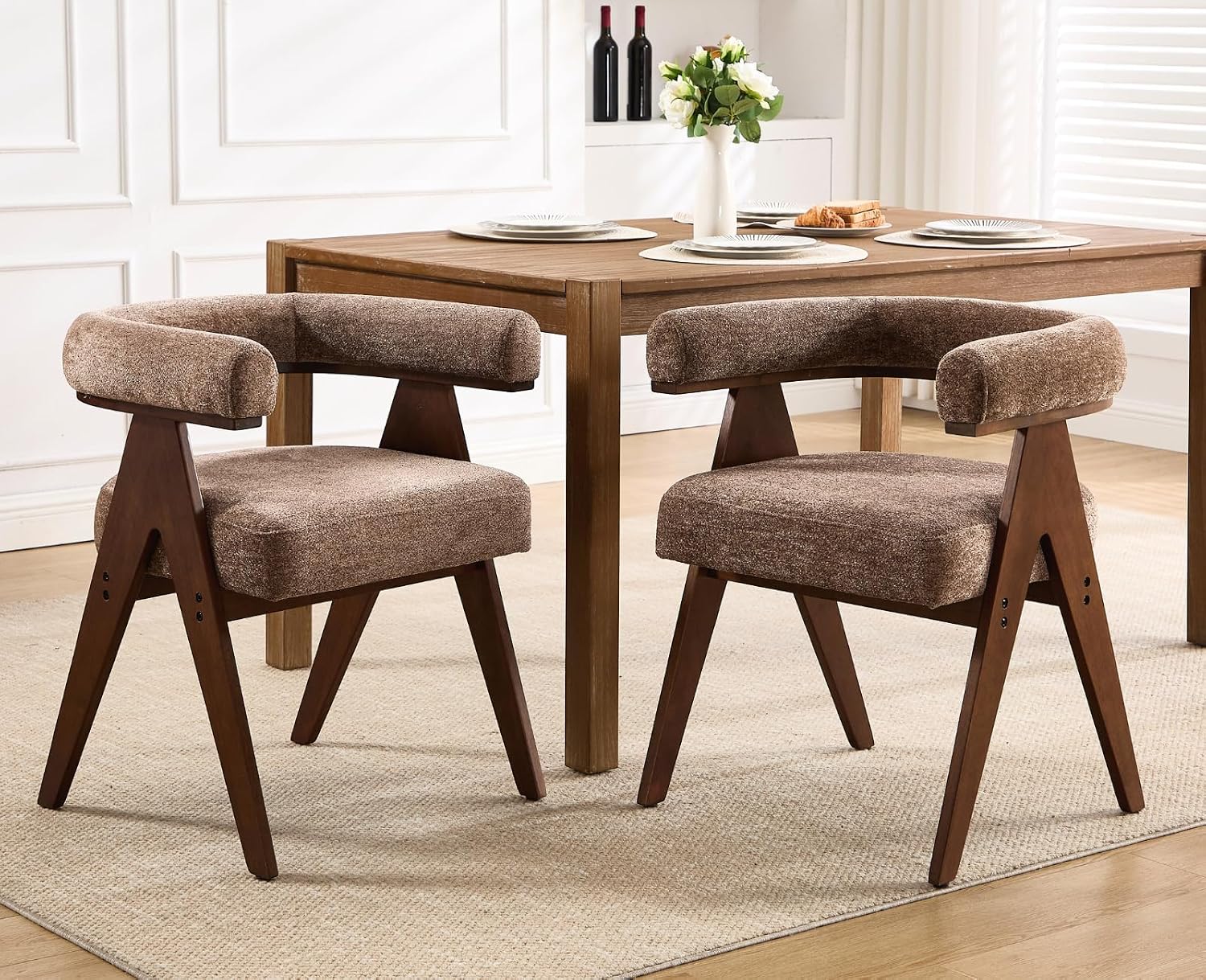 CIMOTA Barrel Wooden Dining Chairs with Arms Set of 2, Farmhouse Fabric Upholstered Kitchen Chairs with Walnut Wood Legs Contemporary Armchairs Accent Side Chairs for Dining Living Room,Chenille Khaki