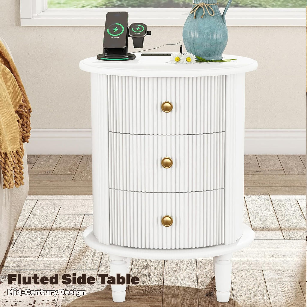 Mirightone Round End Table with Charging Station, Wood Side Table with Storage for Small Spaces, White Nightstand with 3 Drawers, Couch Side Cabinet Bedside Table for Living Room/Bedroom/Corner