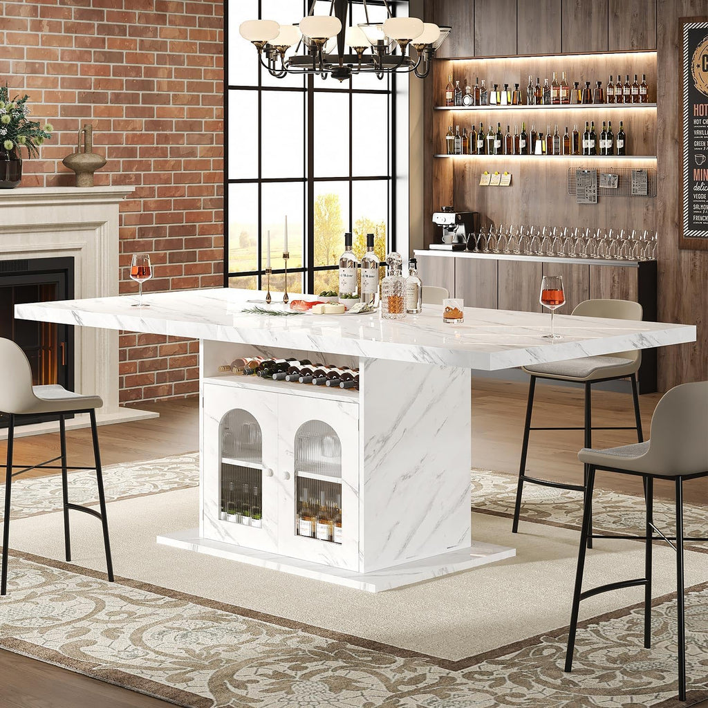HSH Dining Table for 4–6, 63" Modern Kitchen Dining Room Table with Storage Shelves & Acrylic Door Cabinet,Wood Rectangle Dinner Table with Faux Marble Top for Home Apartment, White Faux Marble
