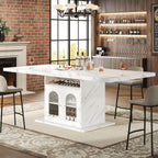 HSH Dining Table for 4–6, 63" Modern Kitchen Dining Room Table with Storage Shelves & Acrylic Door Cabinet,Wood Rectangle Dinner Table with Faux Marble Top for Home Apartment, White Faux Marble