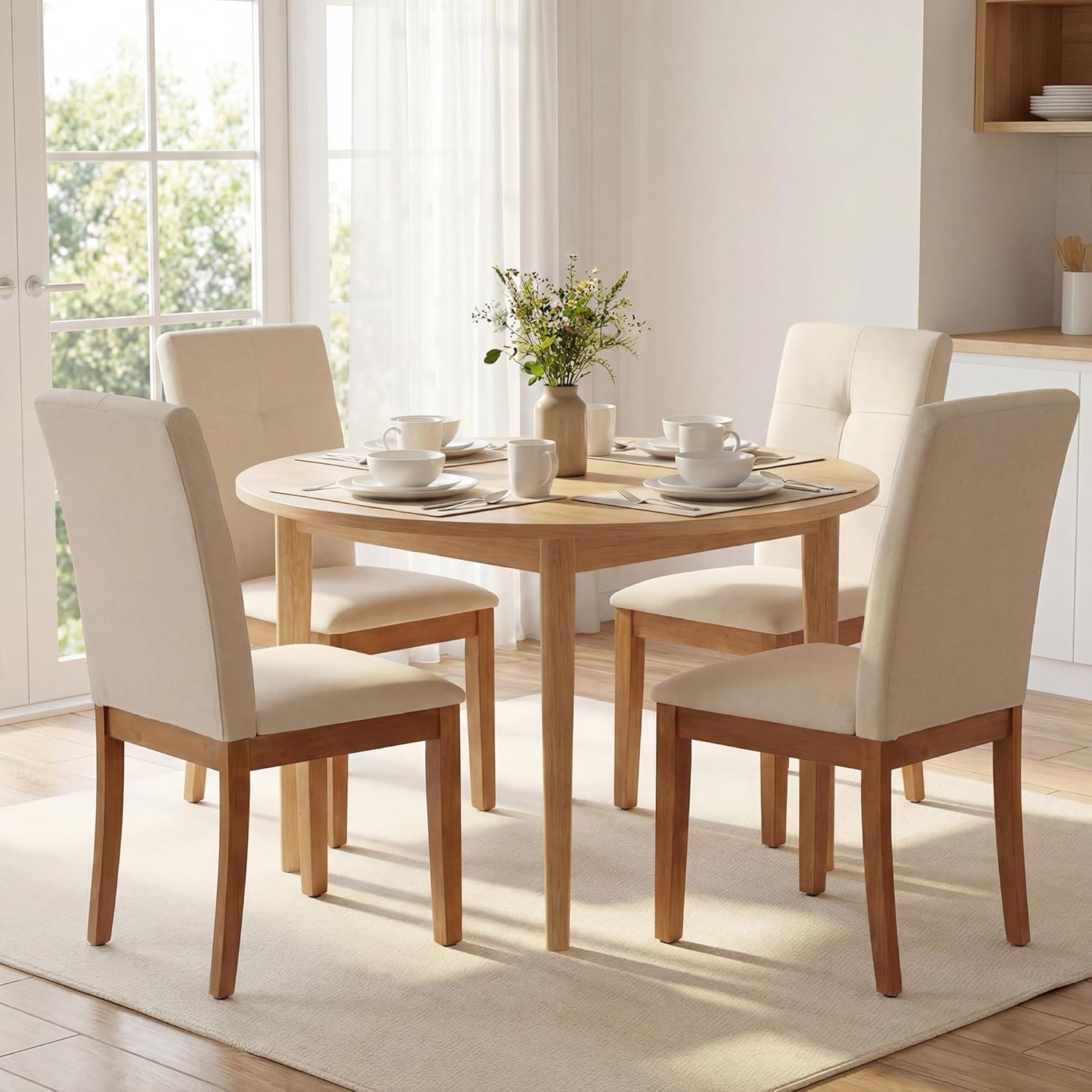 LSSBOUGHT Upholstered Kitchen & Dining Room Chairs with High Back, Linen Fabric Armless Dining Chairs with Solid Wood Legs for Dining Room and Kitchen (Beige, Set of 6)
