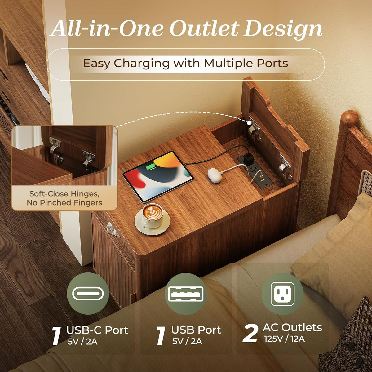 Huuger Narrow End Table with Charging Station, USB-C Port, Fluted Nightstand with Storage Cabinet, Back Rack, Farmhouse Side Table for Small Spaces, 13.4 × 23.6 Inch Night Stand, Walnut