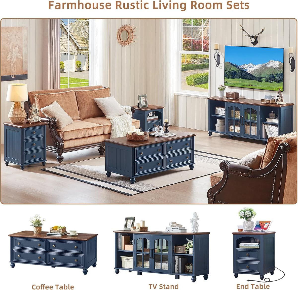 RWYHG Farmhouse TV Stand for 60 in TV, Entertainment Center for Living Room | Adjustable Shelves, Magnetic Glass Door, Sturdy Gourd Base, Wood Grain Top, High Capacity Storage Cabinet, Navy Blue