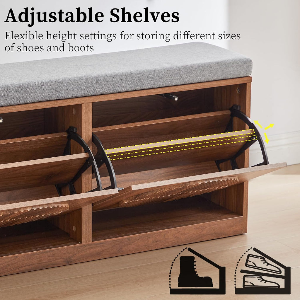 Narrow Shoe Storage Bench for Entryway, Wooden Shoe Cabinet with Flip Drawers& Adjustable Shelves, Shoe Rack Bench with Cushion, Shoe Organizer with Fluted Pattern for Hallway, Living Room (Walnut)