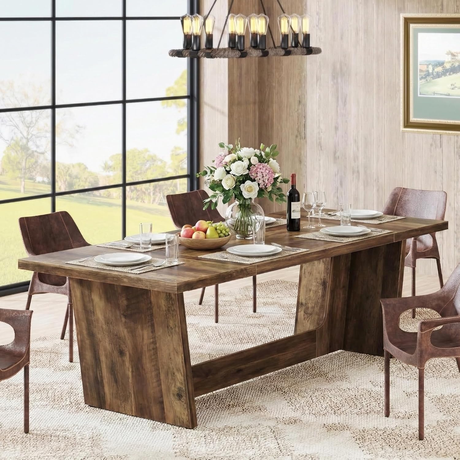 Lailang 71 Inch Dining Table, Rectangular Kitchen Tables, Pedestal Dinner Tables, Rustic Wood Dining Tables, Dining Room Table for 8, Large Table, 71 x 31 x 30 Inch, Rustic Brown