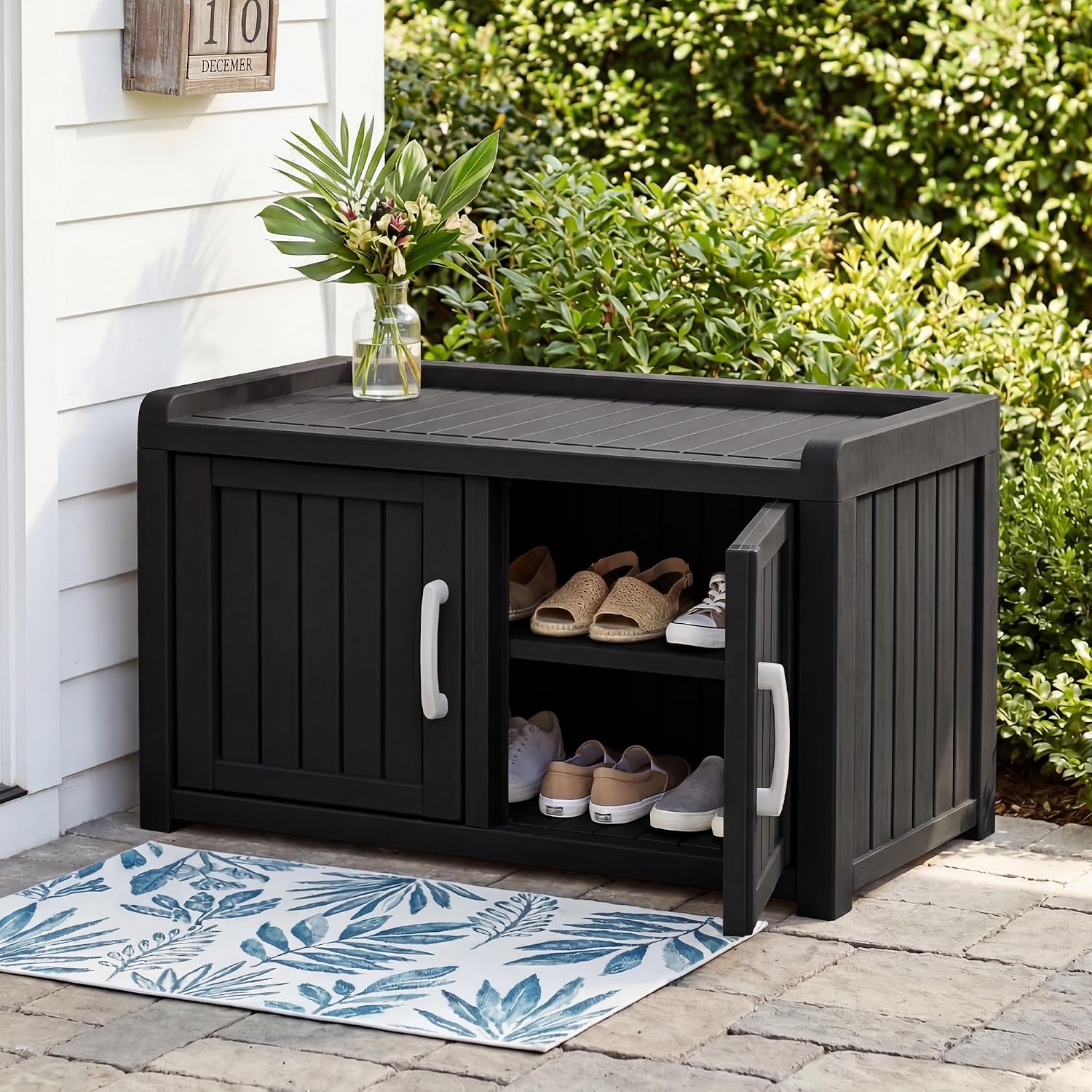 2-Tier Storage Bench, Waterproof UV-Resistant Outdoor Shoe Storage Cabinet ，Outdoor Shoe Rack with 2 Doors & Adjustable Shelves for Indoor Outdoor Entryway, Hallway, Living Room (Black)