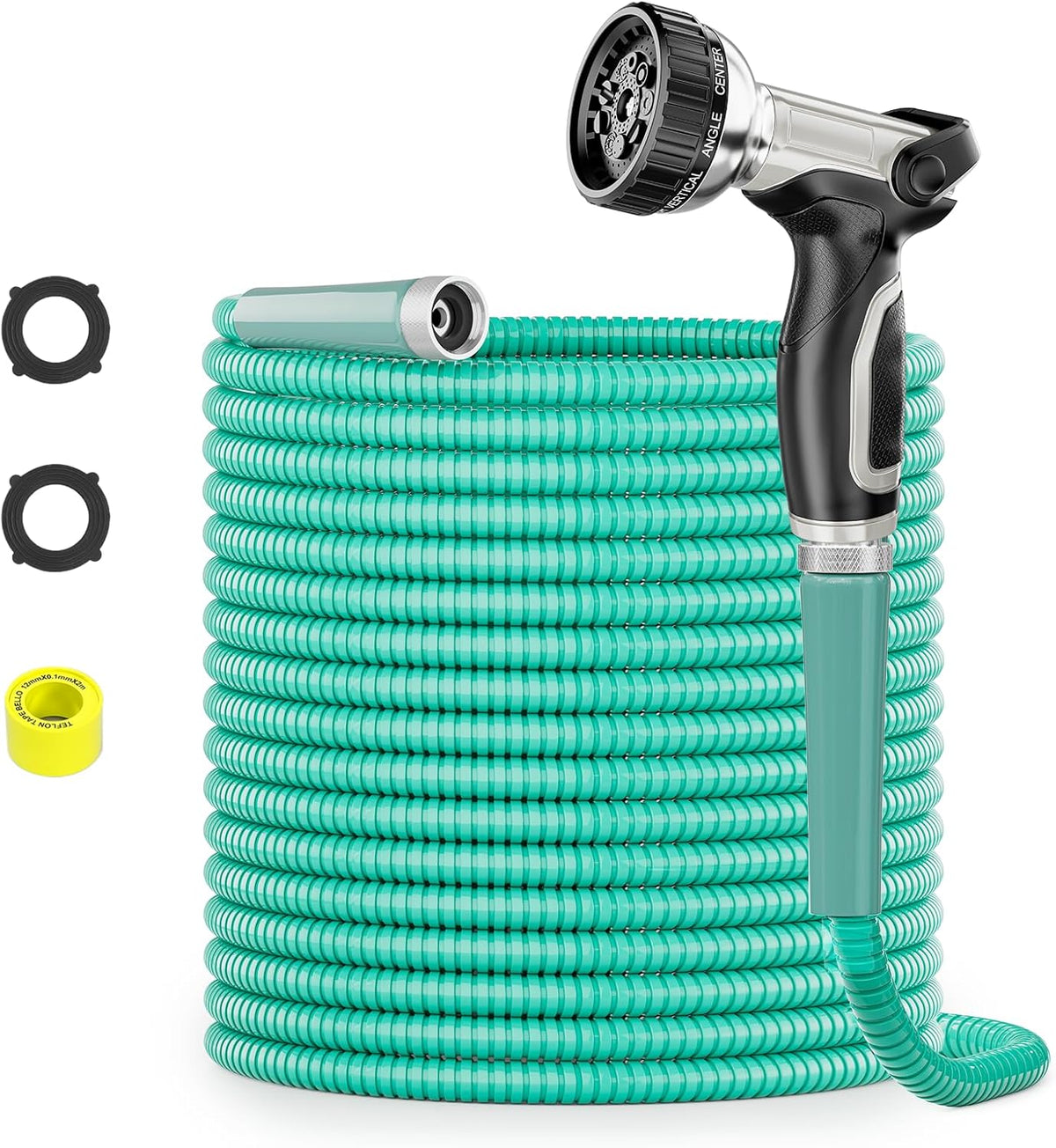 SPECILITE 50ft 304 Stainless Steel Garden Hose Metal, Heavy Duty Water Pipe with Nozzles for Yard, Outdoor - Flexible, Never Kink & Tangle, Puncture Resistant (Aqua)