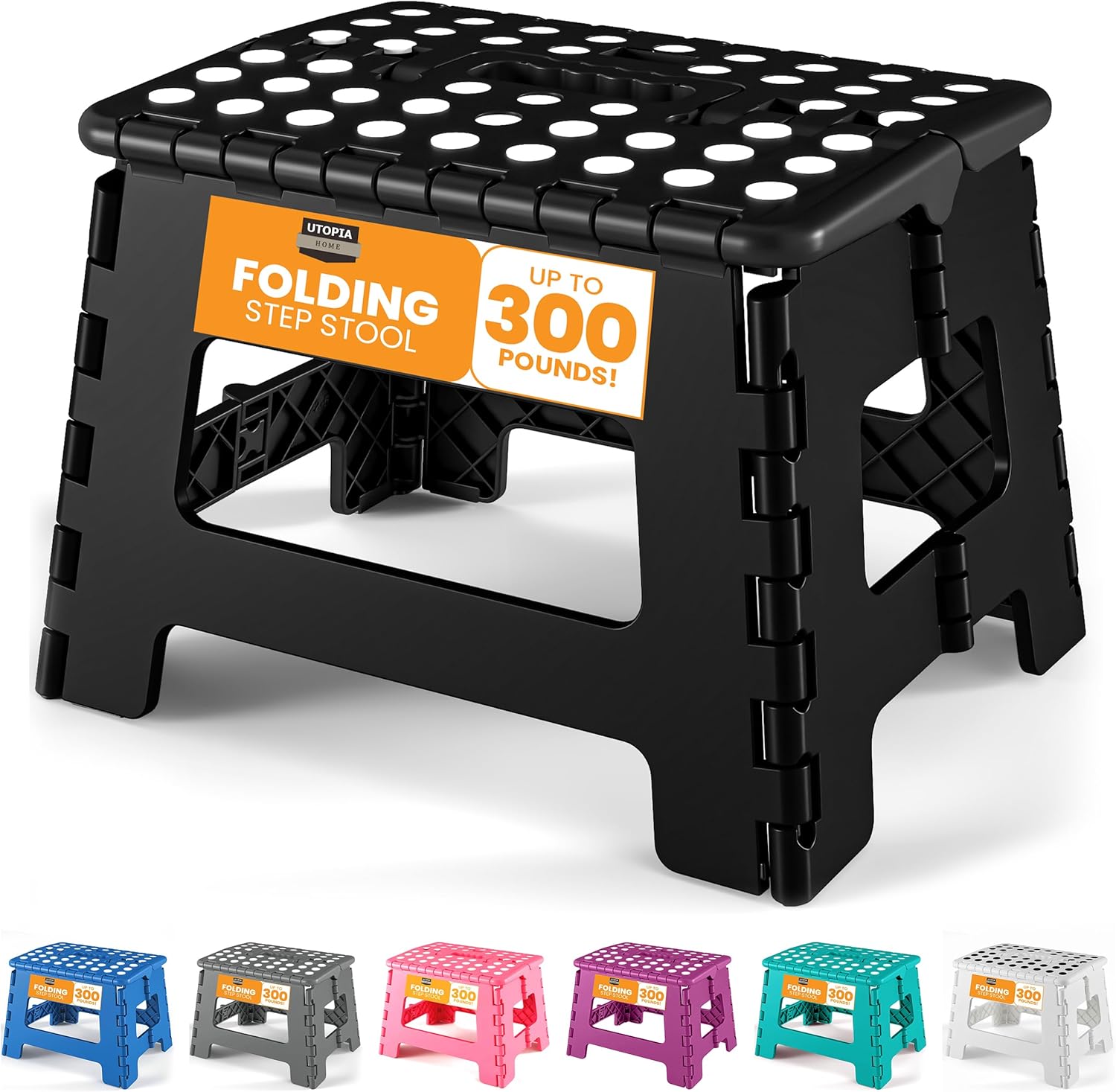 Utopia Home Folding Step Stool 9 Inch, Anti-Slip, 300 lbs, Black | 9-inch foldable step stool with anti-slip surface, built-in handle, and 300 lbs strong plastic support for safe home use.