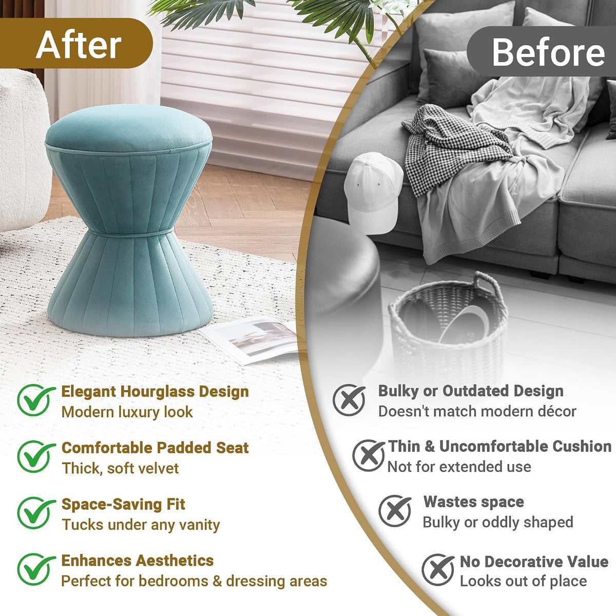 Multifunction Velvet Ottoman, Upholstered Vanity Stool Chair, Sturdy Round Footstool for Makeup, Living Room, Bedroom, Entryway (Sage)