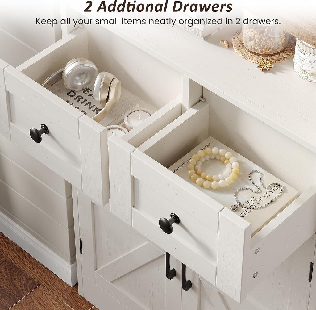 Farmhouse Storage Cabinet with Drawers, Small Kitchen Pantry Cabinet, White | Accent Coffee Bar Cabinet Cupboard, 2 Drawers, 2 Barn Doors & Adjustable Shelves, for Kitchen/Entryway/Living Room/Bathroom