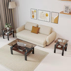 Brown Glass Coffee Table Sets of 3 for Living Room, 39" Mordern End Tables with Storage, Walnut Wooden Shelves & Black Metal Leg, Rectangle Center Table for Small Space Apartment