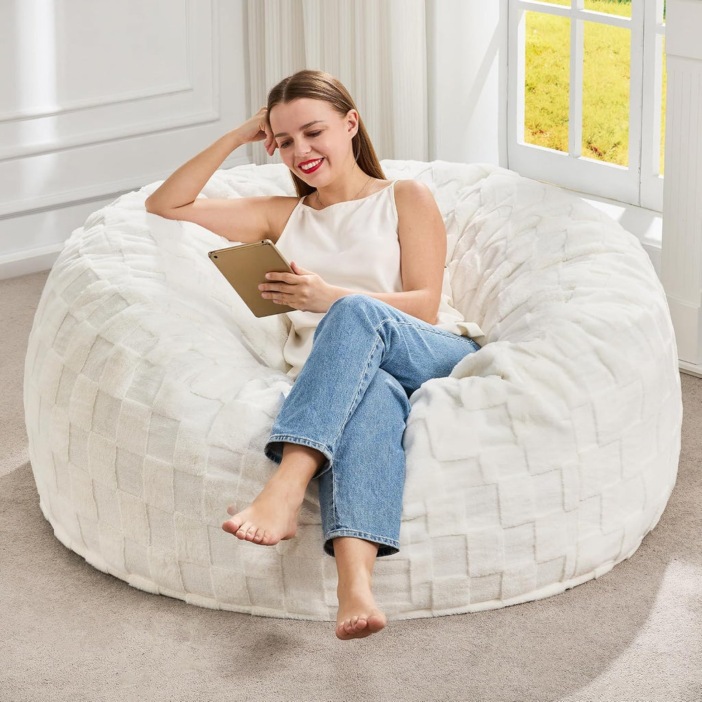 Hobestluk Adults Bean Bag Chair 4FT Big BeanBag Chair Extra Large Oversized | Memory Foam,Washable Cover,Unique Fluffy Plaid,Comfy Big Bean Bag with Filler Lounging Gaming Bedroom Living Room | White 4FT