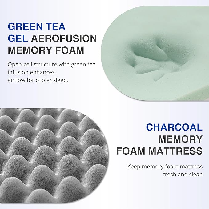 10 Inch Twin Green Tea Memory Foam Mattress for Cool Sleep & Pressure Relief, Bed in a Box, Removable Cover No Fiberglass, CertiPUR-US Certified