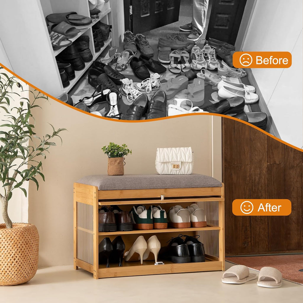 Bamboo Shoe Storage Bench with Seat Cushion for Entryway, 27" Farmhouse Small Shoe Rack with Hidden Flip-Top Storage & Dustproof Acrylic Door, 2-Tier Narrow Shoe Cabinet Organizer, Natural