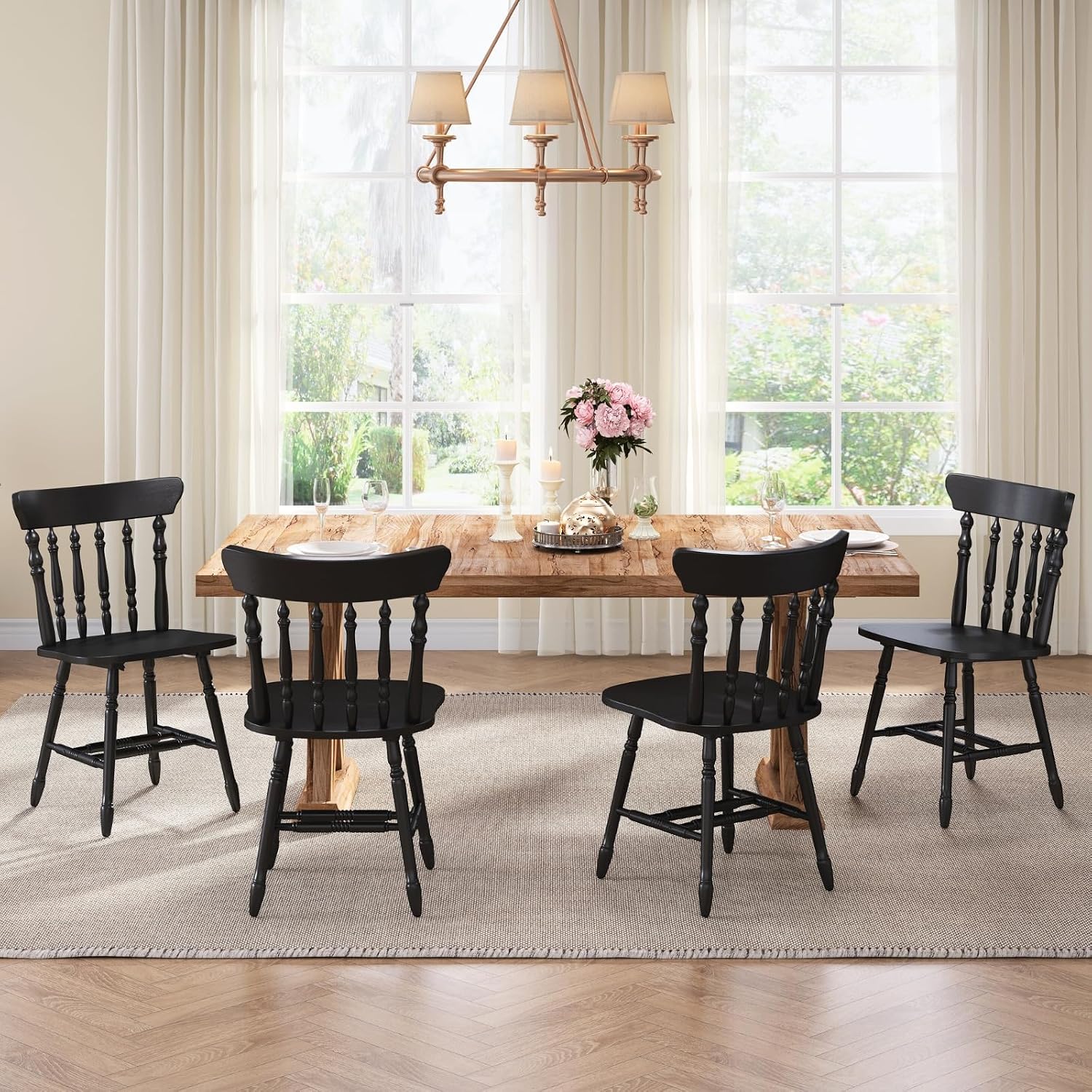 chairus Vintage Black Dining Chairs Set of 6, Farmhouse Windsor Wooden Dining Room Chairs with Turned Spindle Back & Legs, Traditional Colonial Armless Side Kitchen Chairs