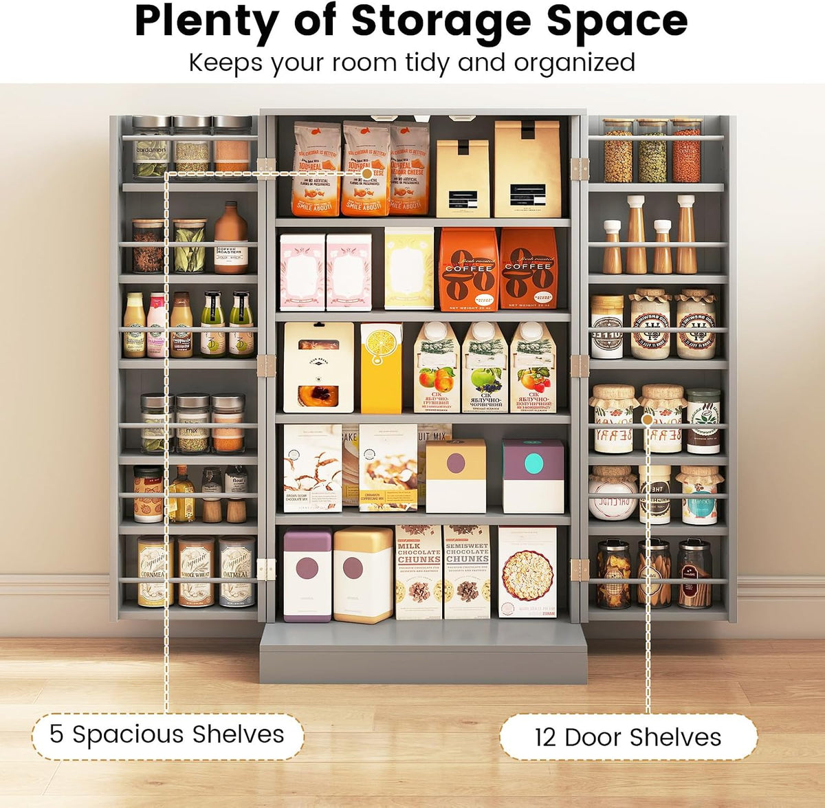 TANGZON 41"/47" Kitchen Cupboard, Kitchen Pantry Cabinet with Doors & Adjustable Shelves, Space Saving Larder Storage Cupboard Organiser for Dining Room Living Room Entryway (60 x 30 x 104cm, Grey)