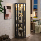 Corner Curio Cabinet, 70" H Lighted Glass Display Cage with Tempered Glass Doors and 5 Adjustable Shelves, Light Bulb Inclued, Wine Bar China Cabinet for Living Room (Black)