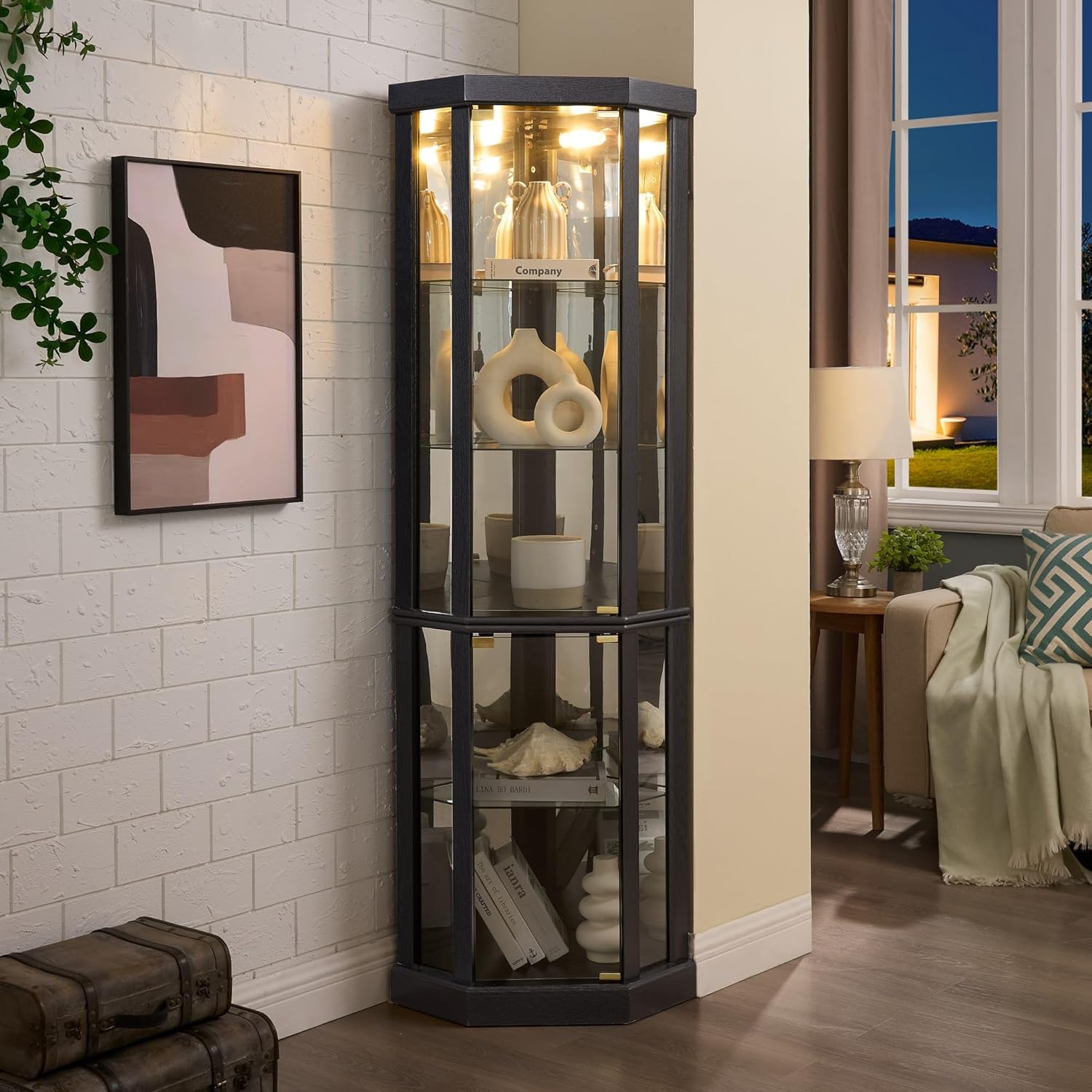 Corner Curio Cabinet, 70" H Lighted Glass Display Cage with Tempered Glass Doors and 5 Adjustable Shelves, Light Bulb Inclued, Wine Bar China Cabinet for Living Room (Black)
