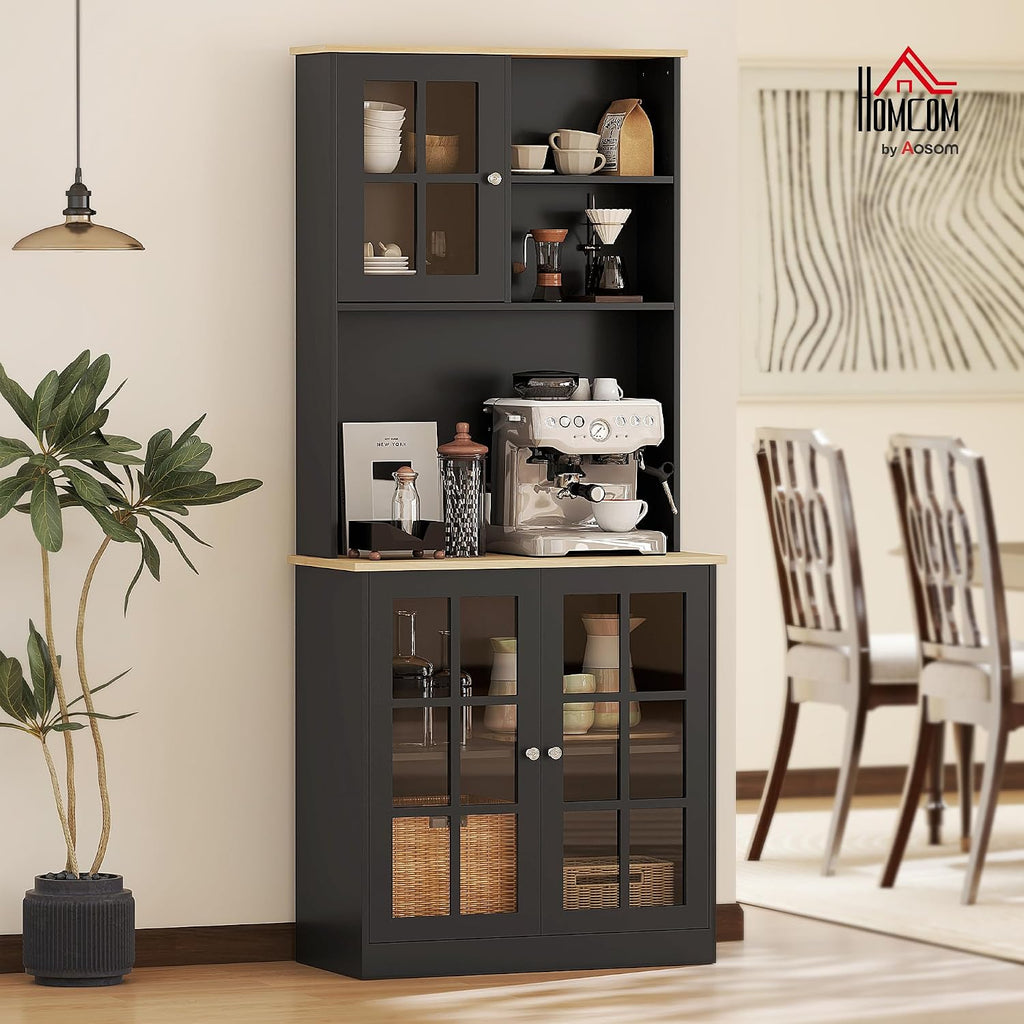 HOMCOM Kitchen Pantry Storage Cabinet 72" with Hutch, Black | Large Countertop, Freestanding, Glass Doors, Adjustable Shelves, Dining Room