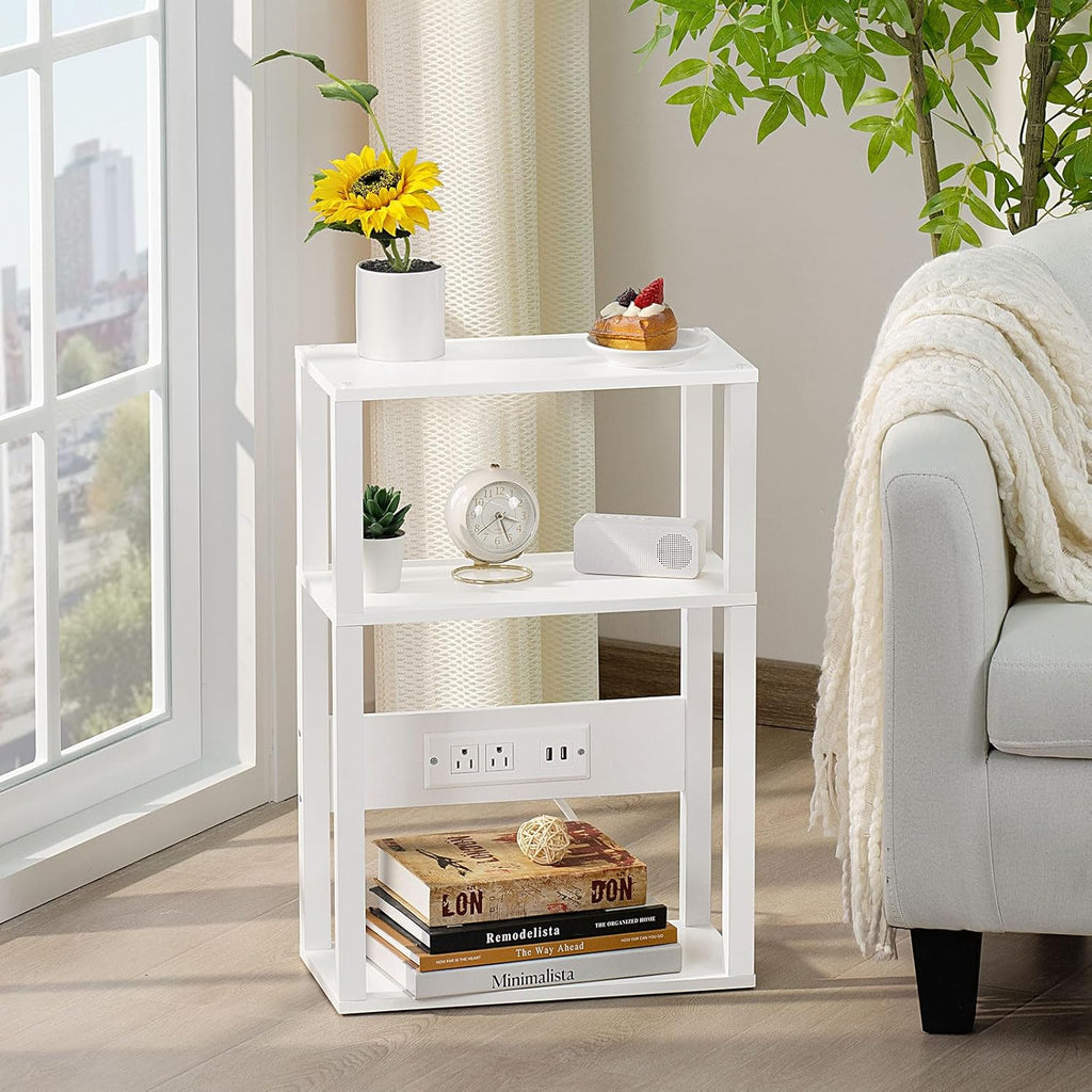 YUFAM 3-Tier Small Narrow Wood Side Table with Charging Station, Skinny Nightstand for Small Space, Slim Bedside Table with Storage for Couch, Thin End Table with USB Ports and Outlets, White