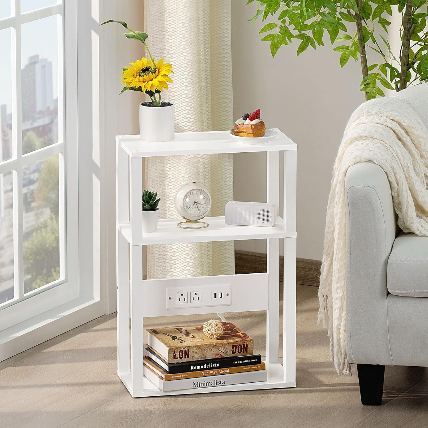 YUFAM 3-Tier Small Narrow Wood Side Table with Charging Station, Skinny Nightstand for Small Space, Slim Bedside Table with Storage for Couch, Thin End Table with USB Ports and Outlets, White