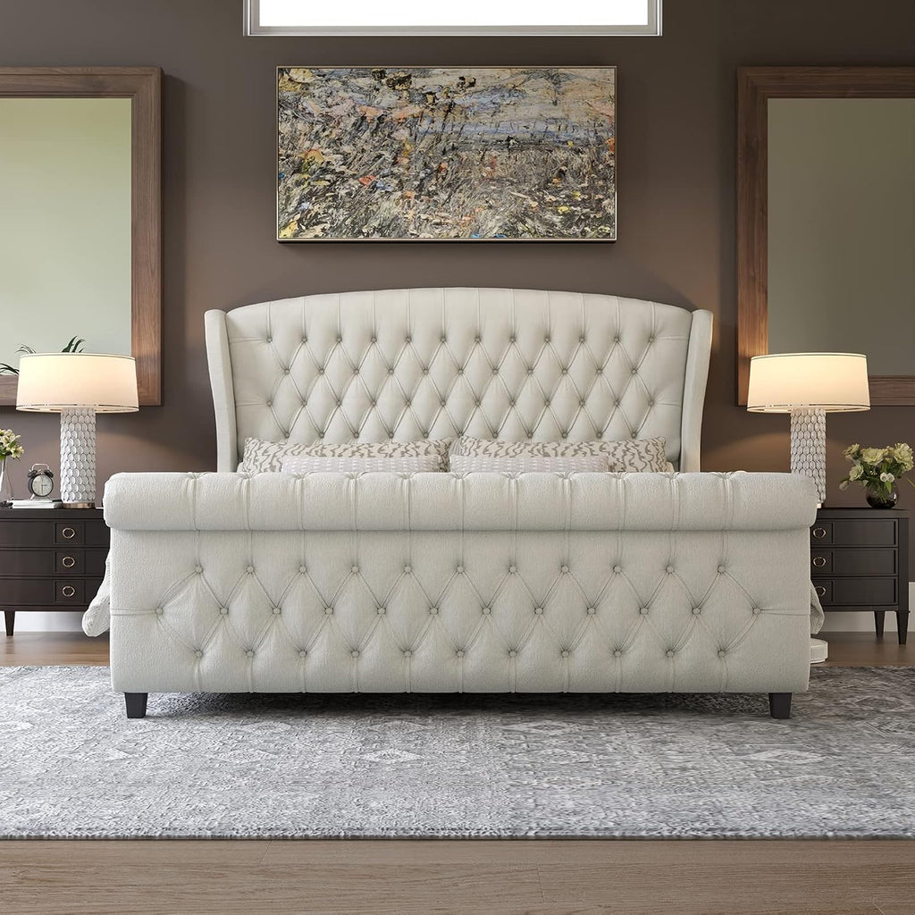 AMERLIFE Queen Size Upholstered Sleigh Bed Frame with Wingback Headboard