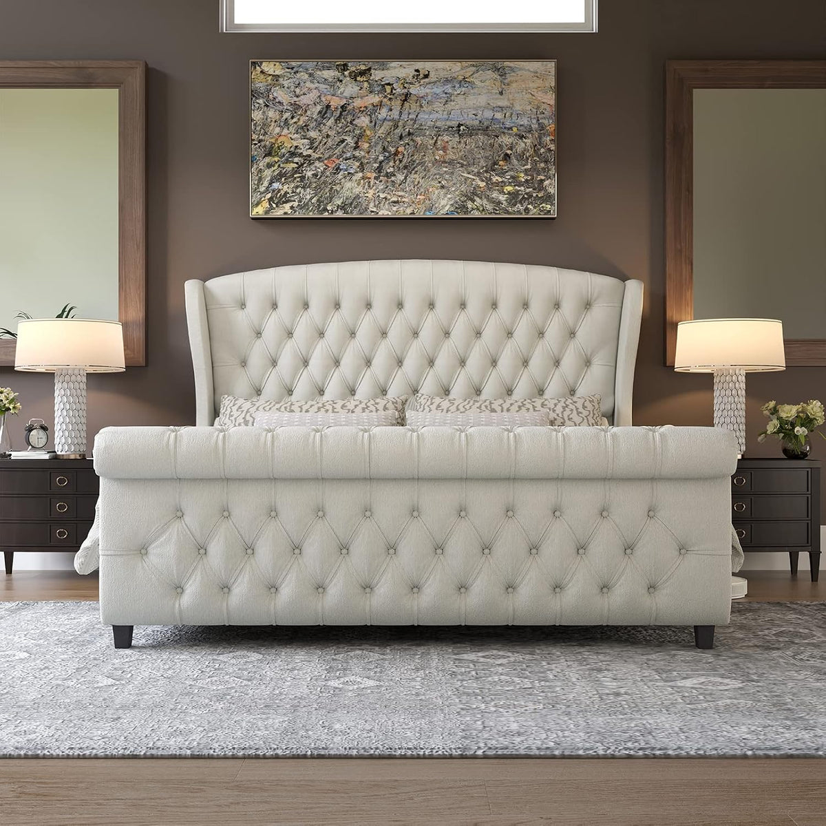AMERLIFE Queen Size Upholstered Sleigh Bed Frame with Wingback Headboard