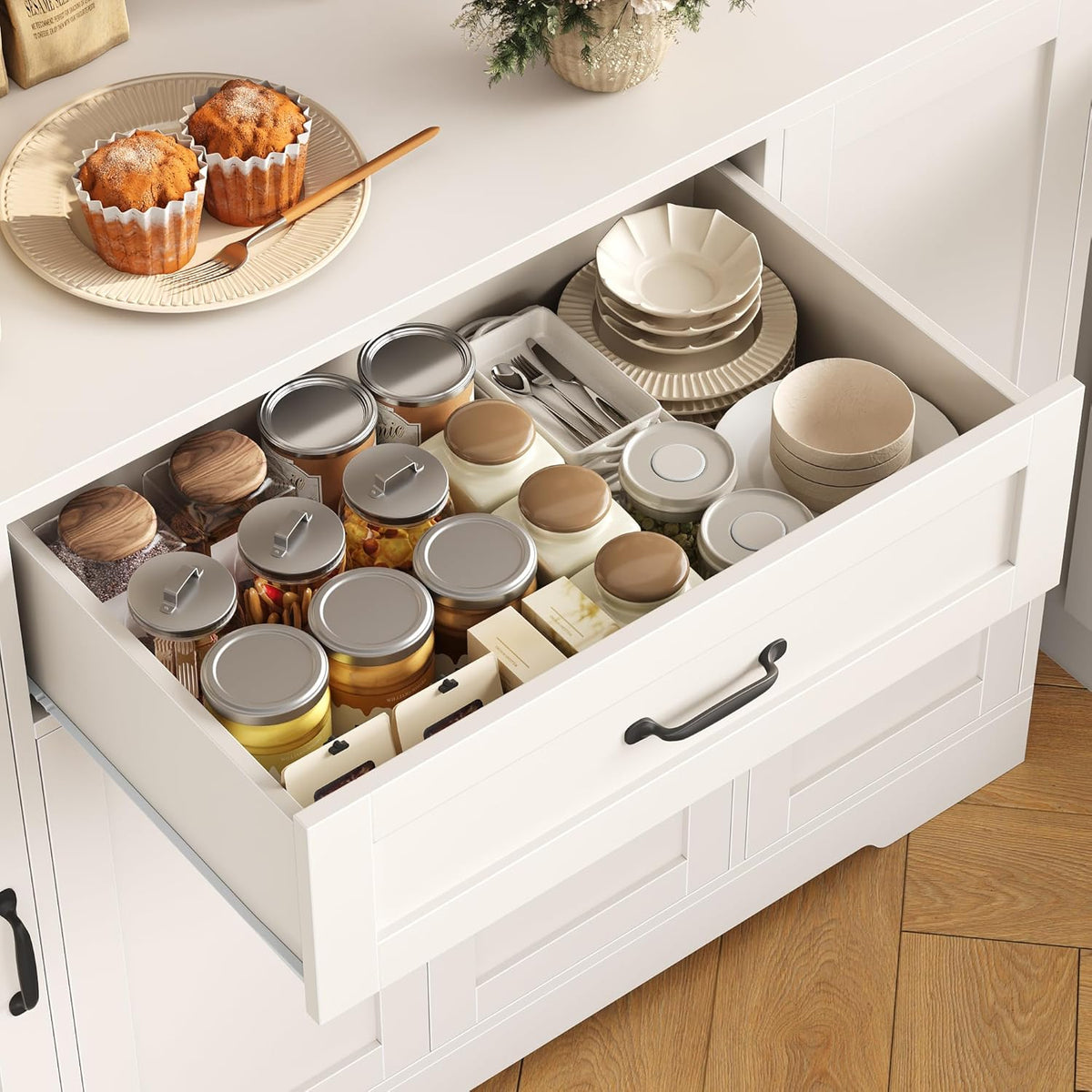 HITHOS 70" LED Kitchen Pantry Cabinet with Charging Station, 47" Wide Pantry Storage Cabinet with Large Microwave Stand, Modern Kitchen Hutch with Drawers and Cabinets for Dining Room, White