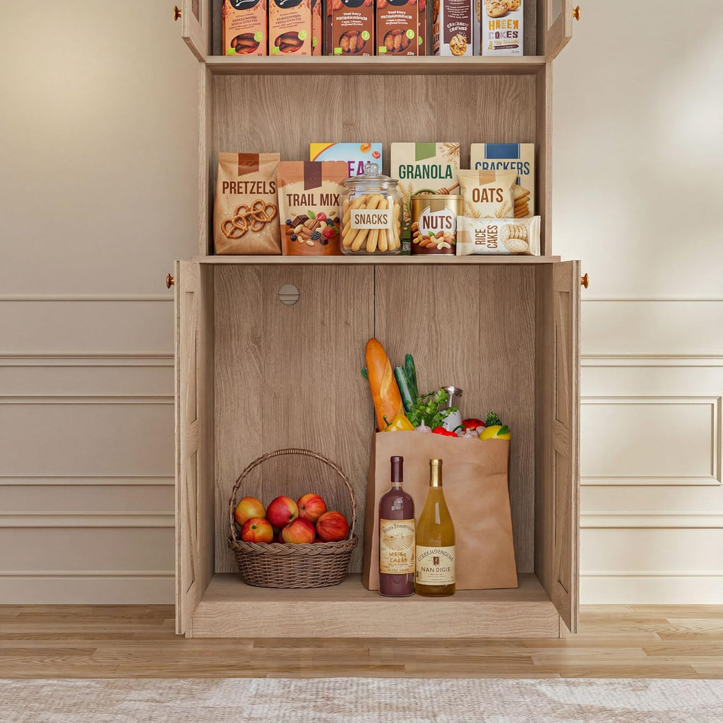 71" Farmhouse Kitchen Pantry Cabinet, Brown Freestanding Coffee Bar Hutch with Glass Doors, Drawers & Adjustable Shelves, Large Storage Cabinet with Microwave Stand for Living Room & Kitchen, Set of 3