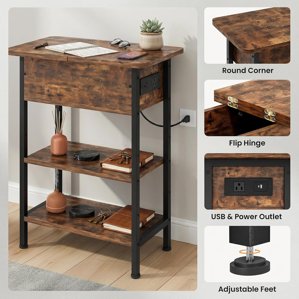 GRUSIGN End Table with Charging Station, Flip Top Side Table with USB Ports and Outlets, 3-Tier Small Side Table with Storage for Small Space, End Tables for Living Room/Bedroom, Rustic Brown